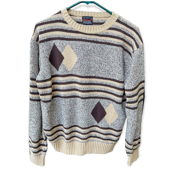 Richman Brothers Vintage Brown Diamond Striped Crew Neck Sweater Sz M - Picture 2 of 12